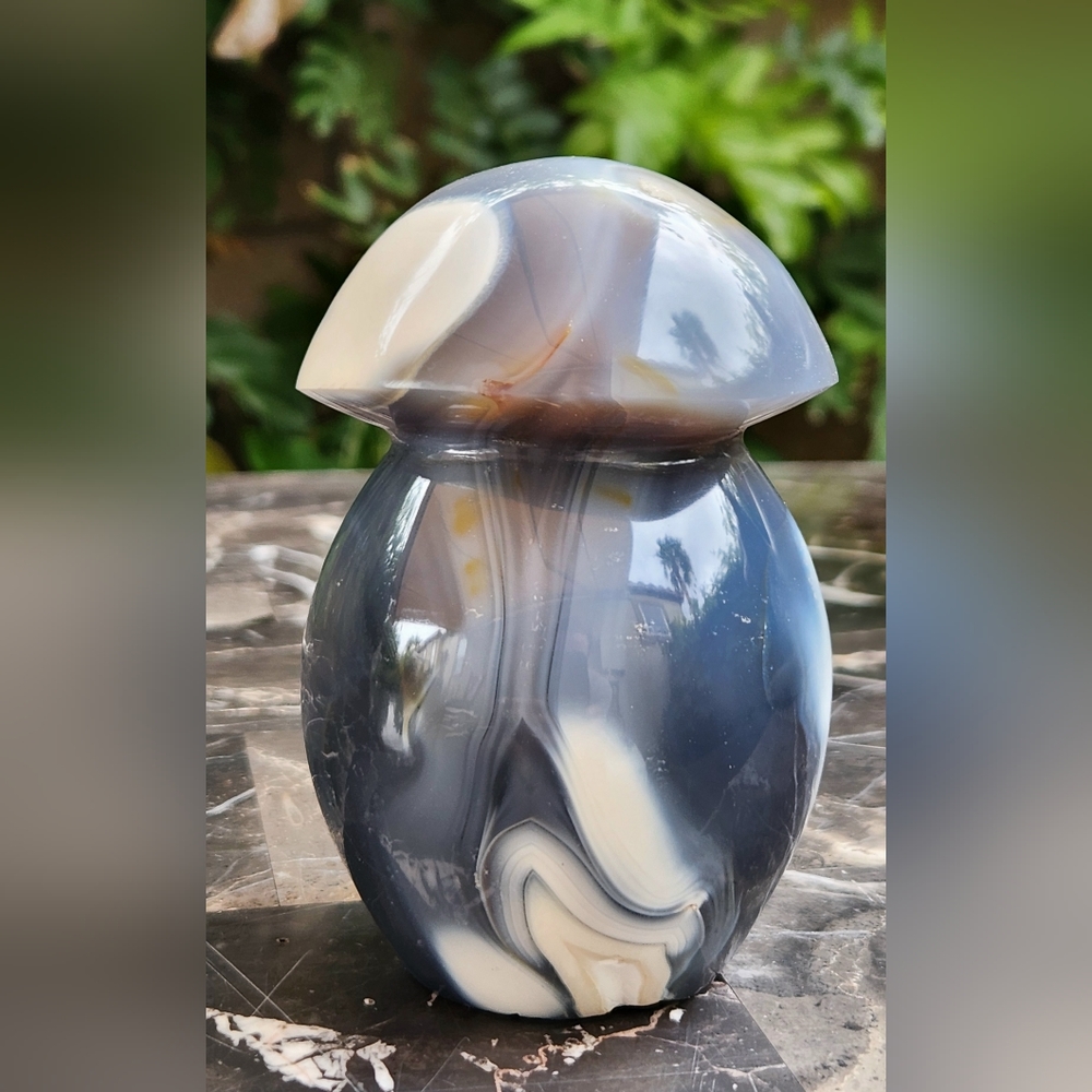 Grey Blue Orca Agate Fat Mushroom Carving- Large